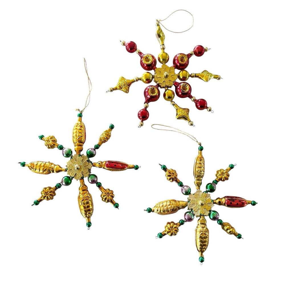 3 Blown Glass Diamond Burst Snowflake Ornaments